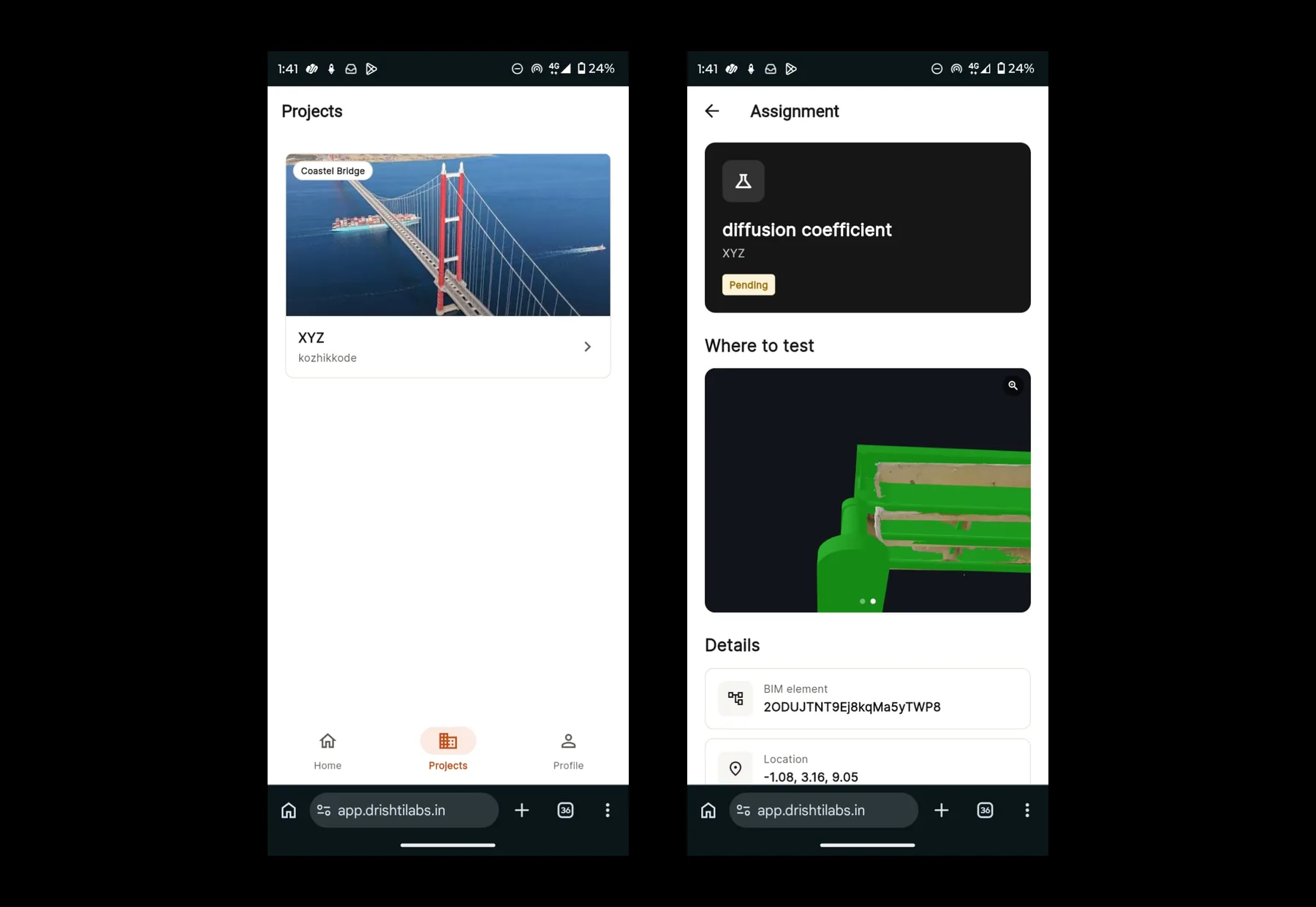 Two screens of the InfraTWIN site app.