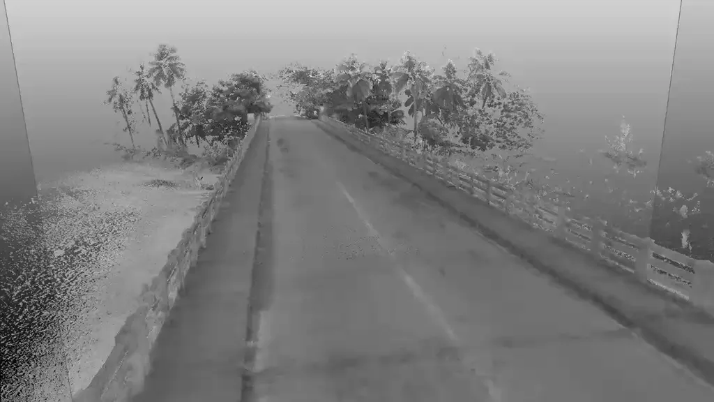 A grey LiDAR model of a bridge deck, seen from above.