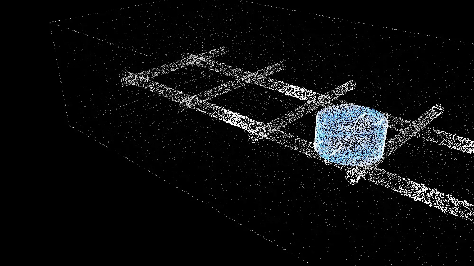 A render of steel bars in concrete with a zinc anode tied on, the zinc shown in blue.